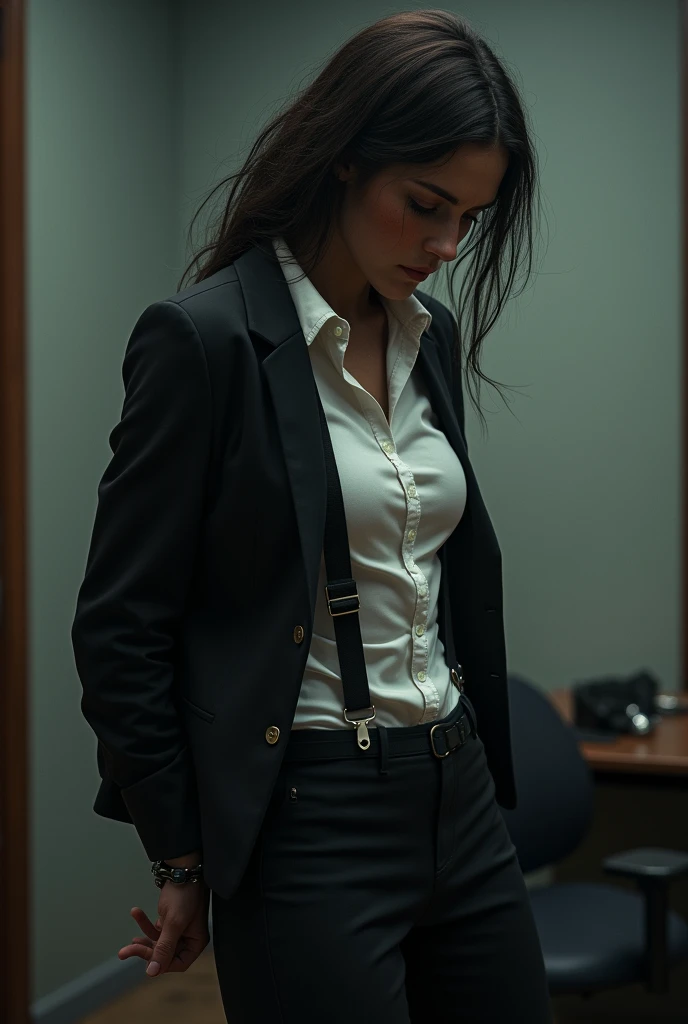 The woman has her hands tied、put your hands behind your back、(((I clasped my hands behind my back)))、a woman in a suit, belt, hands behind back, sweating, suspenders, black pants, sexly, large breasts, see-through clothing,, detective, office worker, white button-up shirt, (best quality,4K,8k,highres,masterpiece:1.2),ultra-detailed,(realistic,photorealistic,photo-realistic:1.37),hyper-detailed,highly detailed face and body, Slender thin suspenders Moderate breasts See-through shirt Nipples holster chain Pistol Armament criminal Female criminal knife japanese profile Japanese women arrested handcuff Cable tie on thumb Constraints