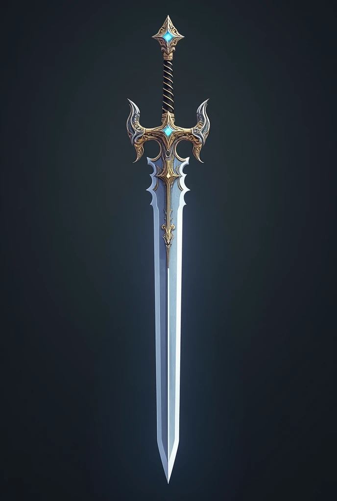 high qualiy, The sword maintains a robust and powerful appearance, but it is slightly longer and thinner, standing out for its lethal elegance. The blade edge is sharp, with a silvery sheen that reflects light in an almost spectral manner,
guards: The sword's guard is formed by two metal arches that intertwine in a spiral shape., creating a design that resembles the wings of a dragon, with gold details and a slight outward curve, The grip is wrapped in black leather with intricate gold patterns that follow a spiral shape., providing a firm and comfortable grip. At the base of the grip, there is a little blue gem, that seems to pulse gently with an inner light.