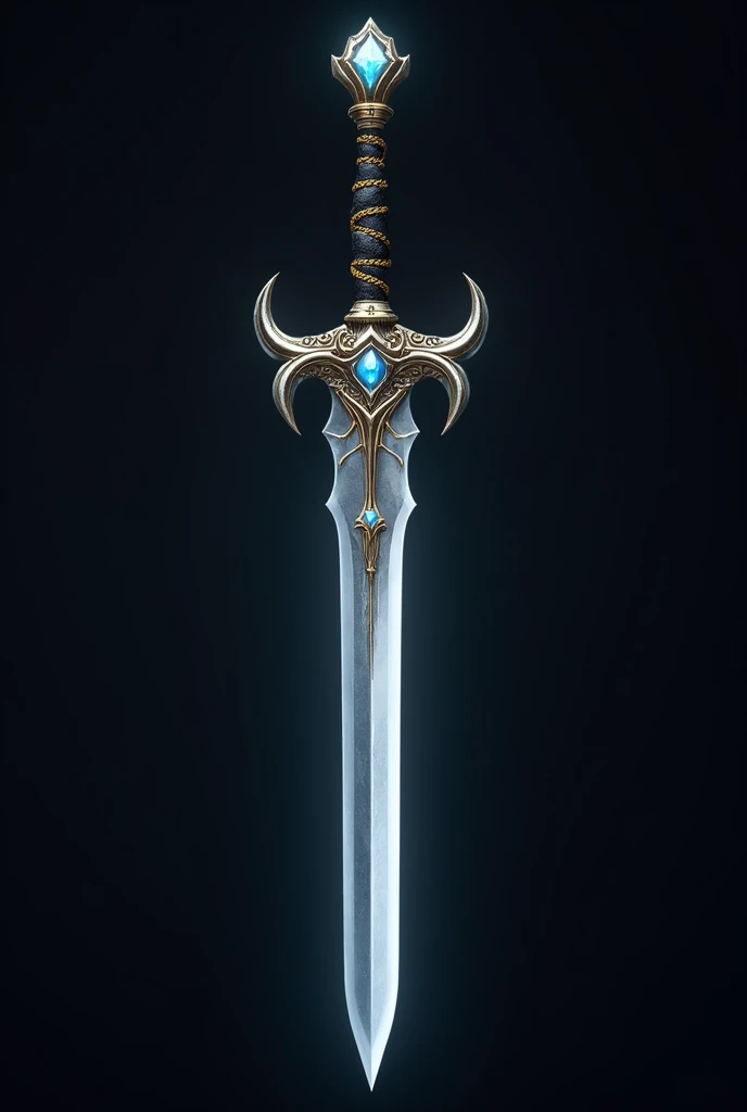  high qualiy, The sword maintains a robust and powerful appearance, but it is slightly longer and thinner, standing out for its lethal elegance. The blade edge is sharp, with a silvery sheen that reflects light in an almost spectral manner,
guards: The sword&#39;s guard is formed by two metal arches that intertwine in a spiral shape., creating a design that resembles the wings of a dragon, with gold details and a slight outward curve, The grip is wrapped in black leather with intricate gold patterns that follow a spiral shape., providing a firm and comfortable grip. At the base of the grip, there is a little blue gem, that seems to pulse gently with an inner light.