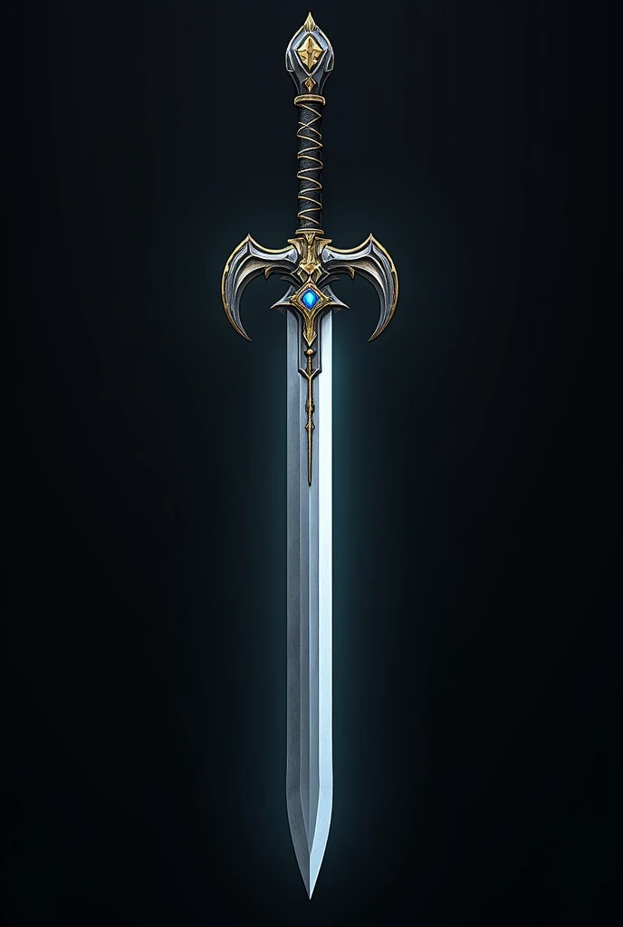  high qualiy, The sword maintains a robust and powerful appearance, but it is slightly longer and thinner, standing out for its lethal elegance. The blade edge is sharp, with a silvery sheen that reflects light in an almost spectral manner,
guards: The sword&#39;s guard is formed by two metal arches that intertwine in a spiral shape., creating a design that resembles the wings of a dragon, with gold details and a slight outward curve, The grip is wrapped in black leather with intricate gold patterns that follow a spiral shape., providing a firm and comfortable grip. At the base of the grip, there is a little blue gem, that seems to pulse gently with an inner light.