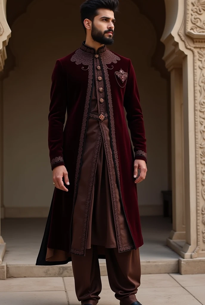 Make an indian muslim groom outfit with colors black, coffee brown, deep maroon. Make it royal, elegant and minimalistic