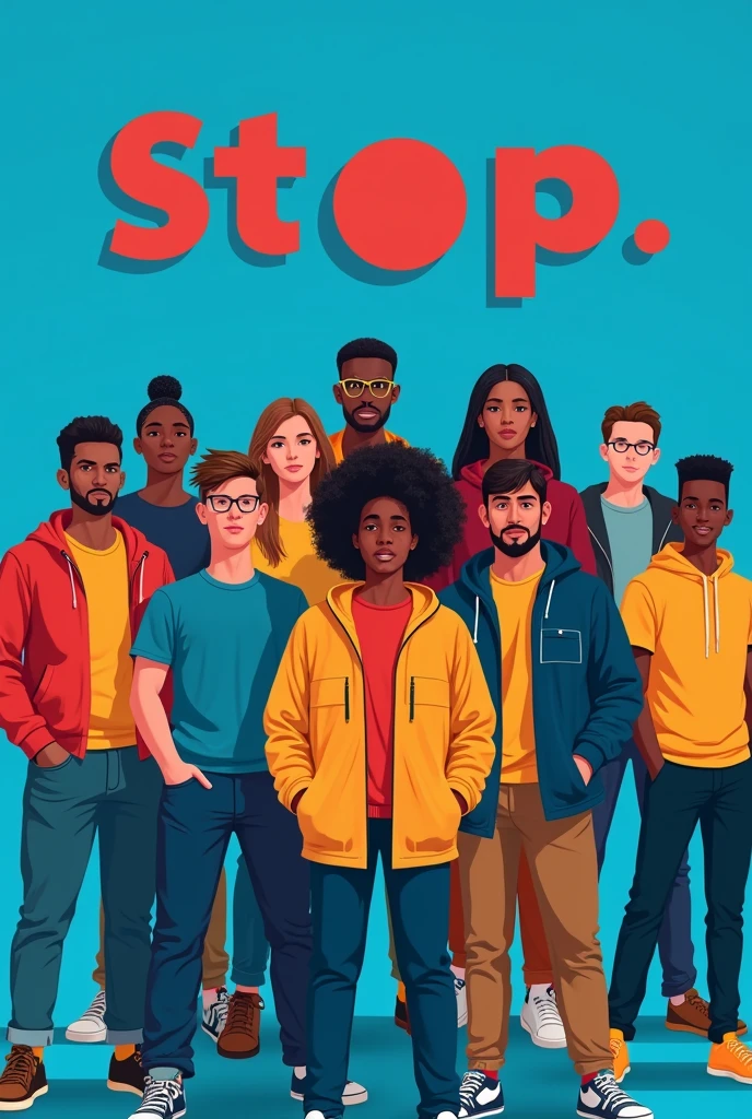 Make a poster of A diverse group of young people standing together, looking strong and confident. The background is a vibrant blue with a stylized “STOP” symbol in red.  
That is Easy to draw