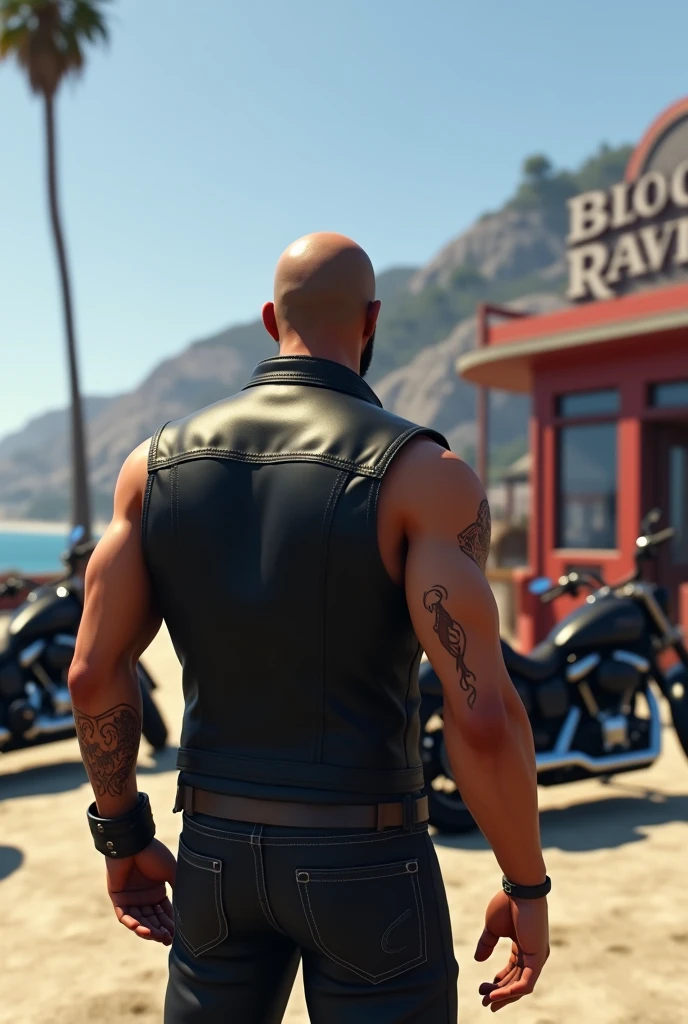 Crée-moi une image animée style GTA 5 avec des motards pas trop musclé en gilet en cuir totalement noir sans logo dont un de dos devant leurs motos style bobber avec leur QG appeler blood ravens sur la plage de Los Angeles