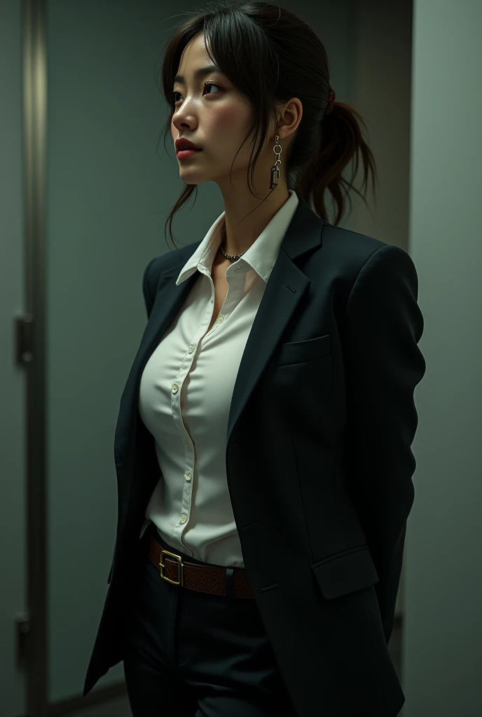 The woman has her hands tied、put your hands behind your back、(((I clasped my hands behind my back)))、a woman in a suit, belt, hands behind back, sweating, suspenders, black pants, sexly, large breasts, see-through clothing,, detective, office worker, white button-up shirt, (best quality,4K,8k,highres,masterpiece:1.2),ultra-detailed,(realistic,photorealistic,photo-realistic:1.37),hyper-detailed,highly detailed face and body, Slender thin suspenders Moderate breasts See-through shirt Nipples holster chain Pistol Armament criminal Female criminal knife japanese profile Japanese women arrested handcuff Cable tie on thumb Constraints