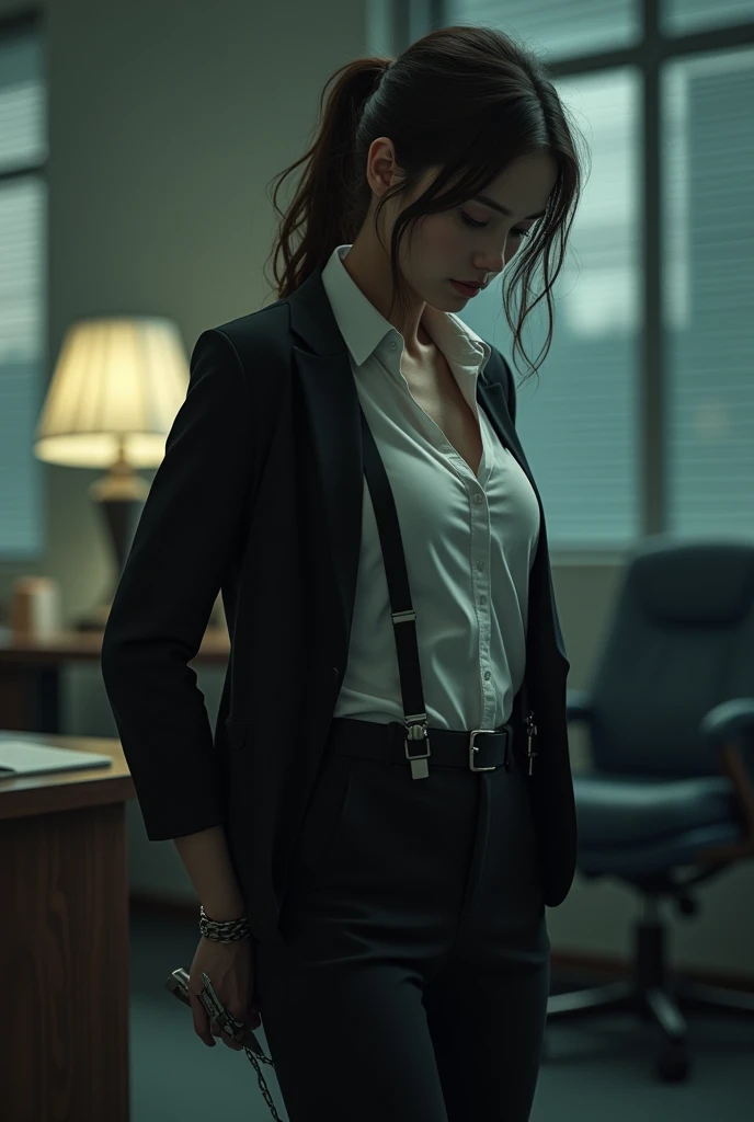The woman has her hands tied、put your hands behind your back、(((I clasped my hands behind my back)))、a woman in a suit, belt, hands behind back, sweating, suspenders, black pants, sexly, large breasts, see-through clothing,, detective, office worker, white button-up shirt, (best quality,4K,8k,highres,masterpiece:1.2),ultra-detailed,(realistic,photorealistic,photo-realistic:1.37),hyper-detailed,highly detailed face and body, Slender thin suspenders Moderate breasts See-through shirt Nipples holster chain Pistol Armament criminal Female criminal knife japanese profile Japanese women arrested handcuff Cable tie on thumb Constraints