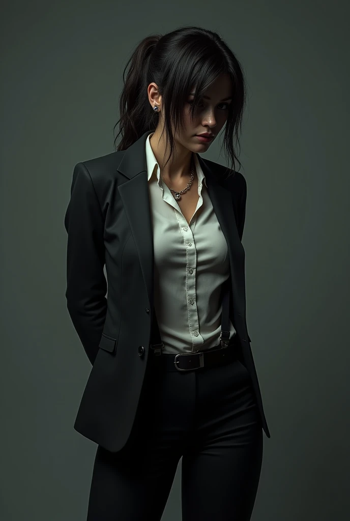 The woman has her hands tied、put your hands behind your back、(((I clasped my hands behind my back)))、a woman in a suit, belt, hands behind back, sweating, suspenders, black pants, sexly, large breasts, see-through clothing,, detective, office worker, white button-up shirt, (best quality,4K,8k,highres,masterpiece:1.2),ultra-detailed,(realistic,photorealistic,photo-realistic:1.37),hyper-detailed,highly detailed face and body, Slender thin suspenders Moderate breasts See-through shirt Nipples holster chain Pistol Armament criminal Female criminal knife japanese profile Japanese women arrested handcuff Cable tie on thumb Constraints