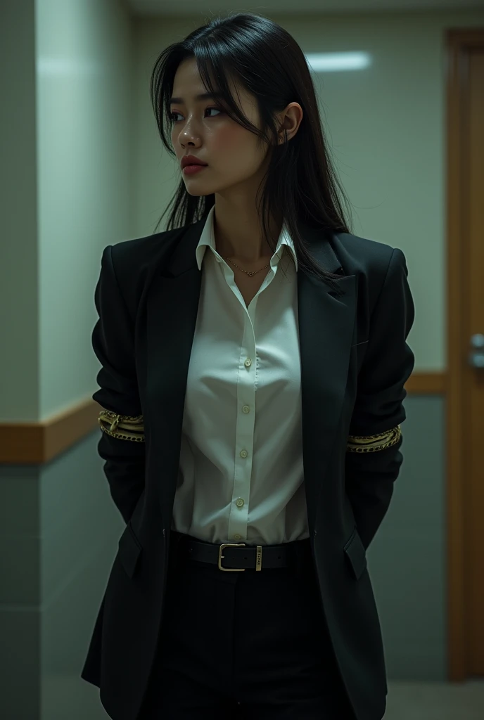 The woman has her hands tied、put your hands behind your back、(((I clasped my hands behind my back)))、a woman in a suit, belt, hands behind back, sweating, suspenders, black pants, sexly, large breasts, see-through clothing,, detective, office worker, white button-up shirt, (best quality,4K,8k,highres,masterpiece:1.2),ultra-detailed,(realistic,photorealistic,photo-realistic:1.37),hyper-detailed,highly detailed face and body, Slender thin suspenders Moderate breasts See-through shirt Nipples holster chain Pistol Armament criminal Female criminal knife japanese profile Japanese women arrested handcuff Cable tie on thumb Constraints