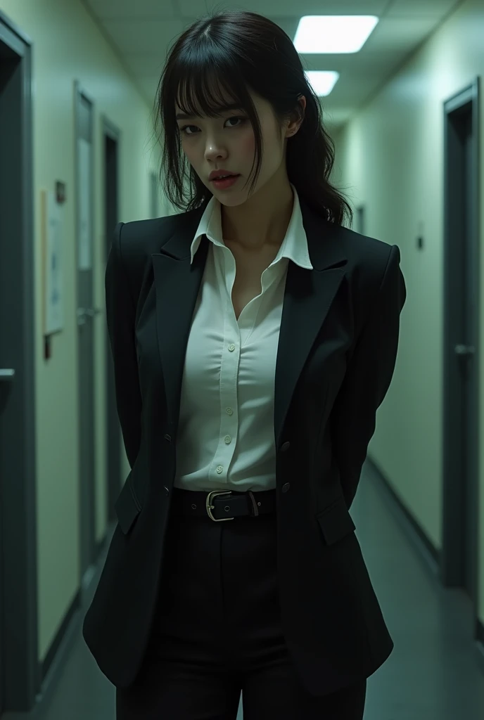 The woman has her hands tied、put your hands behind your back、(((I clasped my hands behind my back)))、a woman in a suit, belt, hands behind back, sweating, suspenders, black pants, sexly, large breasts, see-through clothing,, detective, office worker, white button-up shirt, (best quality,4K,8k,highres,masterpiece:1.2),ultra-detailed,(realistic,photorealistic,photo-realistic:1.37),hyper-detailed,highly detailed face and body, Slender thin suspenders Moderate breasts See-through shirt Nipples holster chain Pistol Armament criminal Female criminal knife japanese profile Japanese women arrested handcuff Cable tie on thumb Constraints