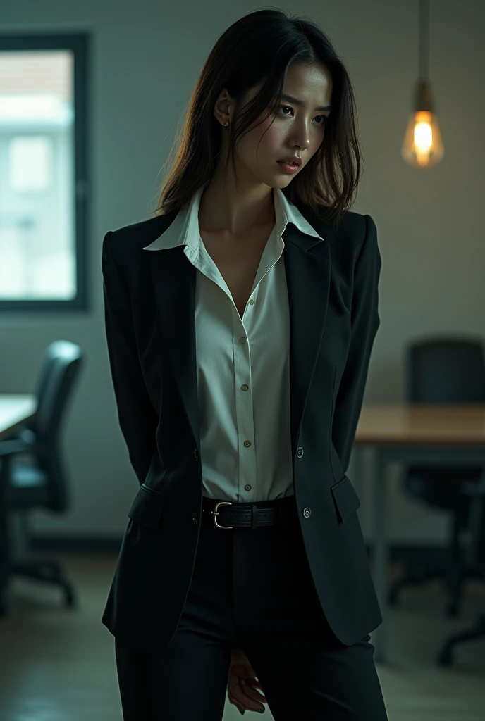 The woman has her hands tied、put your hands behind your back、(((I clasped my hands behind my back)))、a woman in a suit, belt, hands behind back, sweating, suspenders, black pants, sexly, large breasts, see-through clothing,, detective, office worker, white button-up shirt, (best quality,4K,8k,highres,masterpiece:1.2),ultra-detailed,(realistic,photorealistic,photo-realistic:1.37),hyper-detailed,highly detailed face and body, Slender　thin　suspenders　Moderate breasts　See-through shirt　Nipples　holster　chain　Pistol　Armament　criminal　Female criminal　knife　japanese　profile　Japanese women　arrested handcuff　Cable tie on thumb　Constraints
