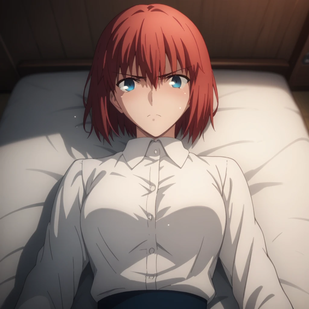 sauce_anime, ambient light,
1 girl , tall girl,, straight hair ,bob cut hair, red hair, deep blue eyes, hair between eyes, perfect eyes ,wince ,frown, Perfect face, expressive eyes,
(show off breast), (undress open white dress shirt),arms up,, detailed nipples, white panties, wet body, tearful, cry,
indoors, bed, realistic bed room, (missionary position),virginal sex, , lesbian sex, blush, (steam),
cowboy shot, looking at viewer, solo, dutch angle, small breast, pussy juice, open mouth, saliva ,