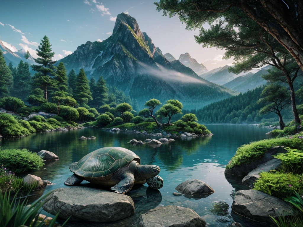 A legendary turtle in the mountains, stone gray shell with green tree pattern, long black snake tail, intelligent and agile movements, controls earth and rocks, creates safe paths, symbol of wisdom and protection, 8k, highly detailed, photorealistic, cinematic lighting, dramatic lighting, vibrant colors, fantasy landscape, lush vegetation, misty mountains, serene lake, dramatic composition