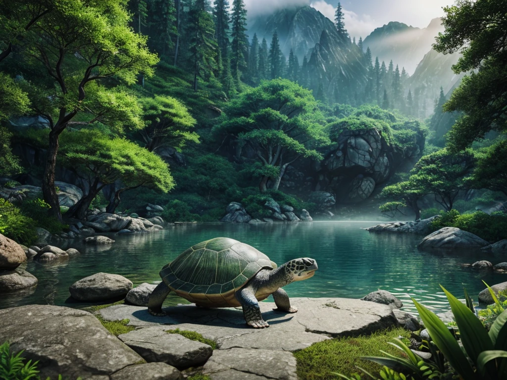 A legendary turtle in the mountains, stone gray shell with green tree pattern, long black snake tail, intelligent and agile movements, controls earth and rocks, creates safe paths, symbol of wisdom and protection, 8k, highly detailed, photorealistic, cinematic lighting, dramatic lighting, vibrant colors, fantasy landscape, lush vegetation, misty mountains, serene lake, dramatic composition