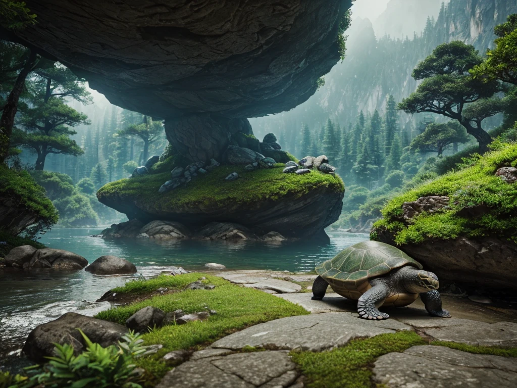 A legendary turtle in the mountains, stone gray shell with green tree pattern, long black snake tail, intelligent and agile movements, controls earth and rocks, creates safe paths, symbol of wisdom and protection, 8k, highly detailed, photorealistic, cinematic lighting, dramatic lighting, vibrant colors, fantasy landscape, lush vegetation, misty mountains, serene lake, dramatic composition