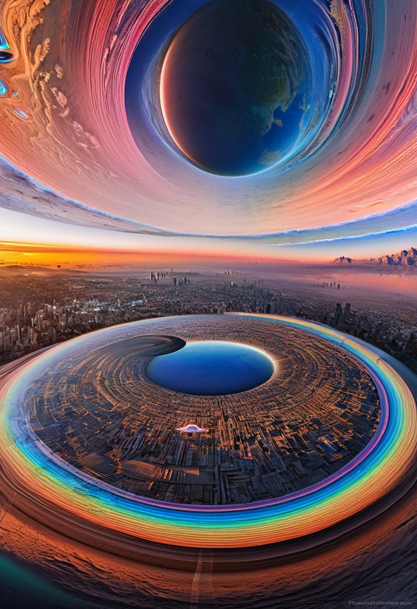 3D drawing art, fusion of acrylic and collage paintings, high and fine artwork, fantasy world, planet with rings like Saturn, mysterious city on the rings, mysterious iridescent creatures flying in the sky, randomly shaped full planets with flowing atmospheres, planetary full rings, shadows, contrast, conceptual installation art, (ultra detailed, absolutely resolution, best quality:1.3), 2.5D, delicate and dynamic effects, iridescent effects, artistic photography, hyper realistic, graphic CG digital art