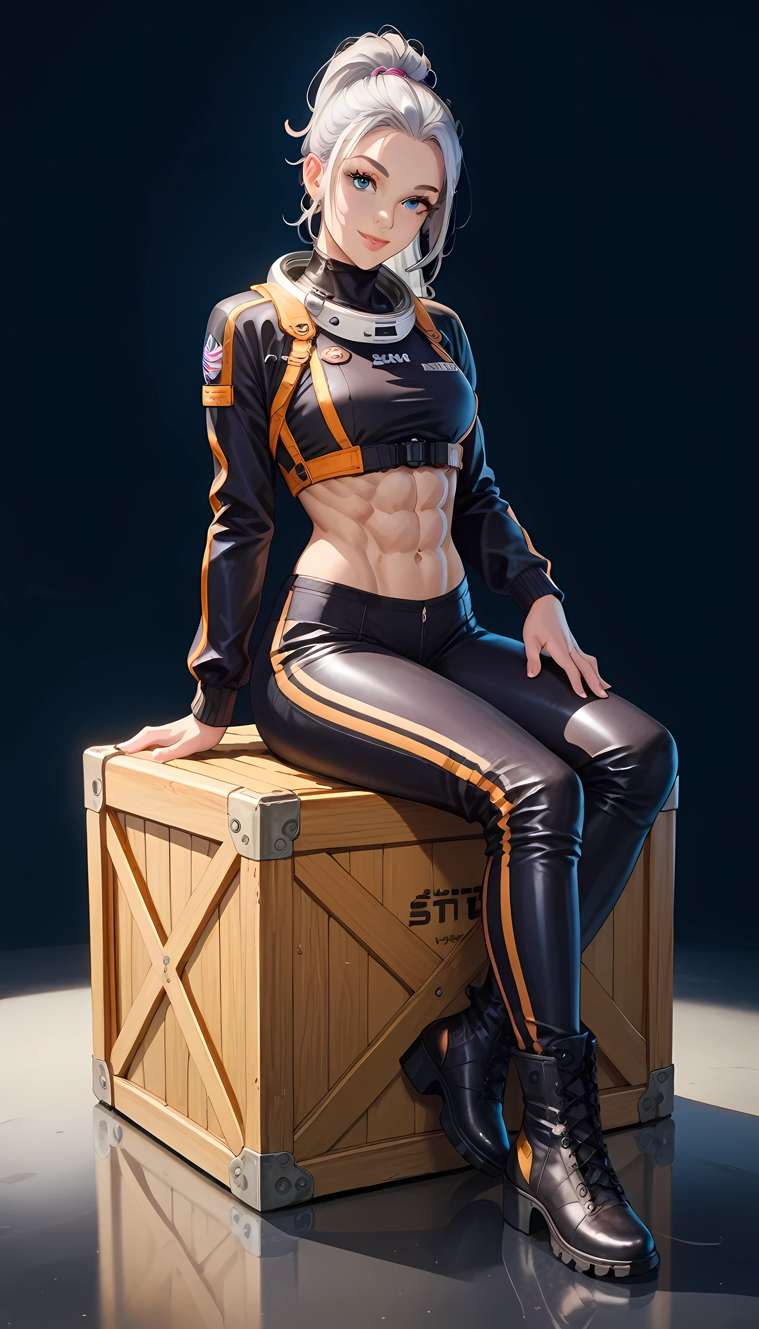 a young girl,blue eyes, beautiful detailed lips, extremely detailed face, long eyelashes, girl in black spacesuits with gold accents, ,sitting on a ammo crate , pin up pose, detailed muscular body, ponytail hairstyle, full body, beautiful detailed lips, light smile on face, full length photo, full-body shot , she has black space boots. body focus, Beautiful body, Beautiful character design , full body view, adult, full clothes, Beautiful Face, light smile, abs, empty background,(looking at viewer),nsfw, full body view, black boots, black shortie, silver hair with pink accents,NSFW