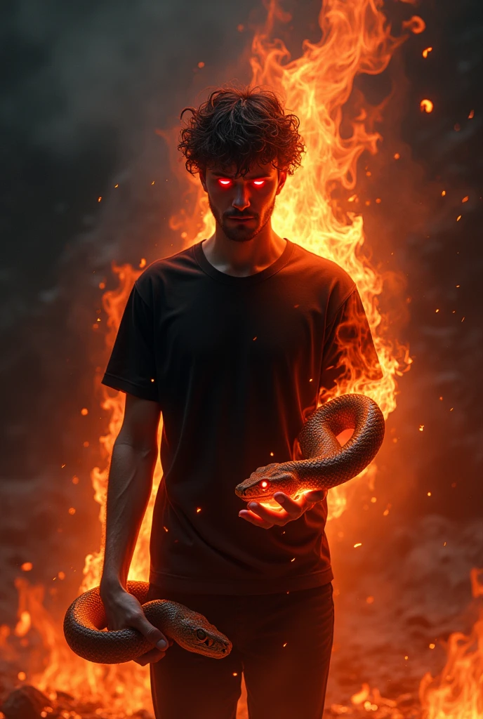 Snake in hand and fire on human body black t shirt  red eyes 