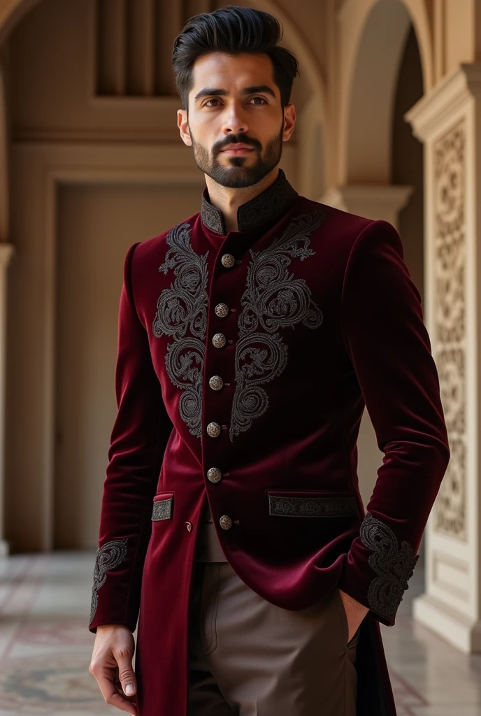 Make an indian muslim groom outfit with colors black, coffee brown, deep maroon. Make it royal, elegant and minimalistic