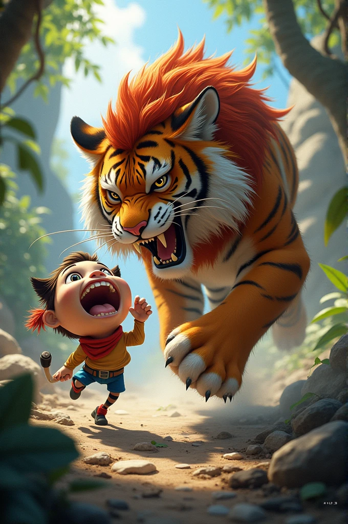 Make me a wild animal character fighting with a cartoon character