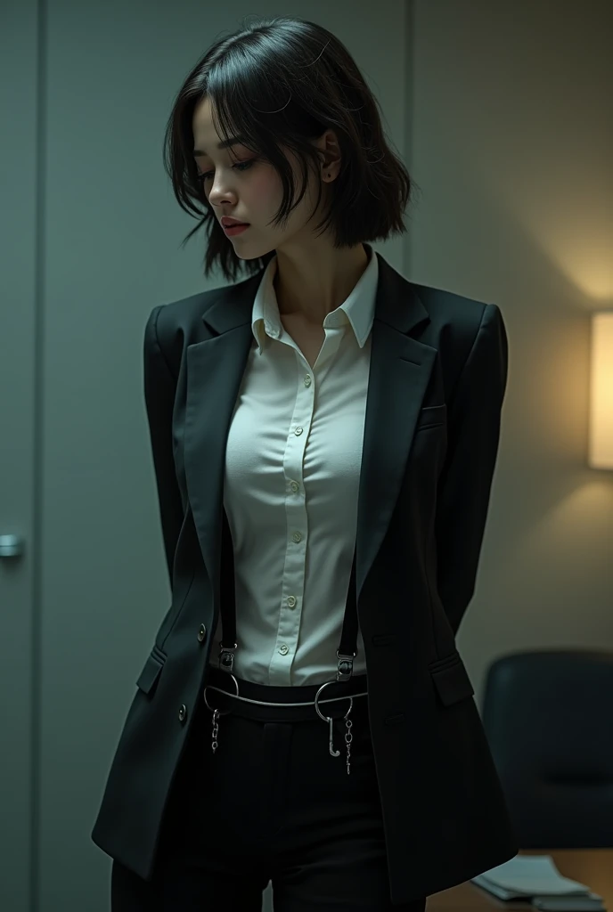 The woman has her hands tied、put your hands behind your back、(((I clasped my hands behind my back)))、a woman in a suit, belt, hands behind back, sweating, suspenders, black pants, sexly, large breasts, see-through clothing,, detective, office worker, white button-up shirt, (best quality,4K,8k,highres,masterpiece:1.2),ultra-detailed,(realistic,photorealistic,photo-realistic:1.37),hyper-detailed,highly detailed face and body, Slender thin suspenders Moderate breasts See-through shirt Nipples holster chain Pistol Armament criminal Female criminal knife japanese profile Japanese women arrested handcuff Cable tie on thumb Constraints