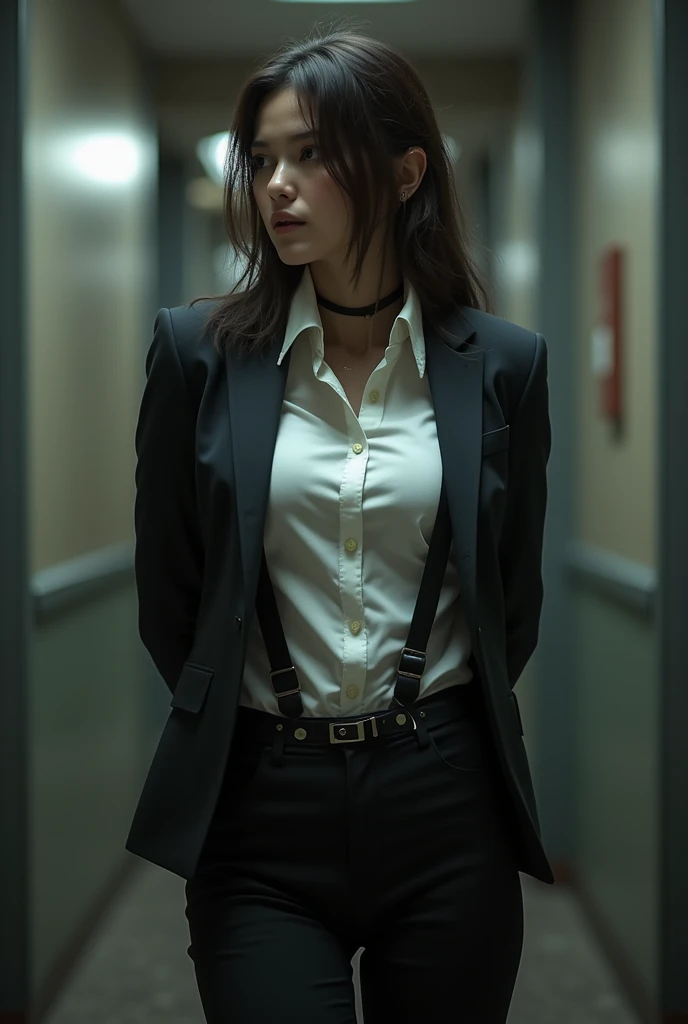 The woman has her hands tied、put your hands behind your back、(((I clasped my hands behind my back)))、a woman in a suit, belt, hands behind back, sweating, suspenders, black pants, sexly, large breasts, see-through clothing,, detective, office worker, white button-up shirt, (best quality,4K,8k,highres,masterpiece:1.2),ultra-detailed,(realistic,photorealistic,photo-realistic:1.37),hyper-detailed,highly detailed face and body, Slender　thin　suspenders　Moderate breasts　See-through shirt　Nipples　holster　chain　Pistol　Armament　criminal　Female criminal　knife　japanese　profile　Japanese women　arrested handcuff　Cable tie on thumb　Constraints
