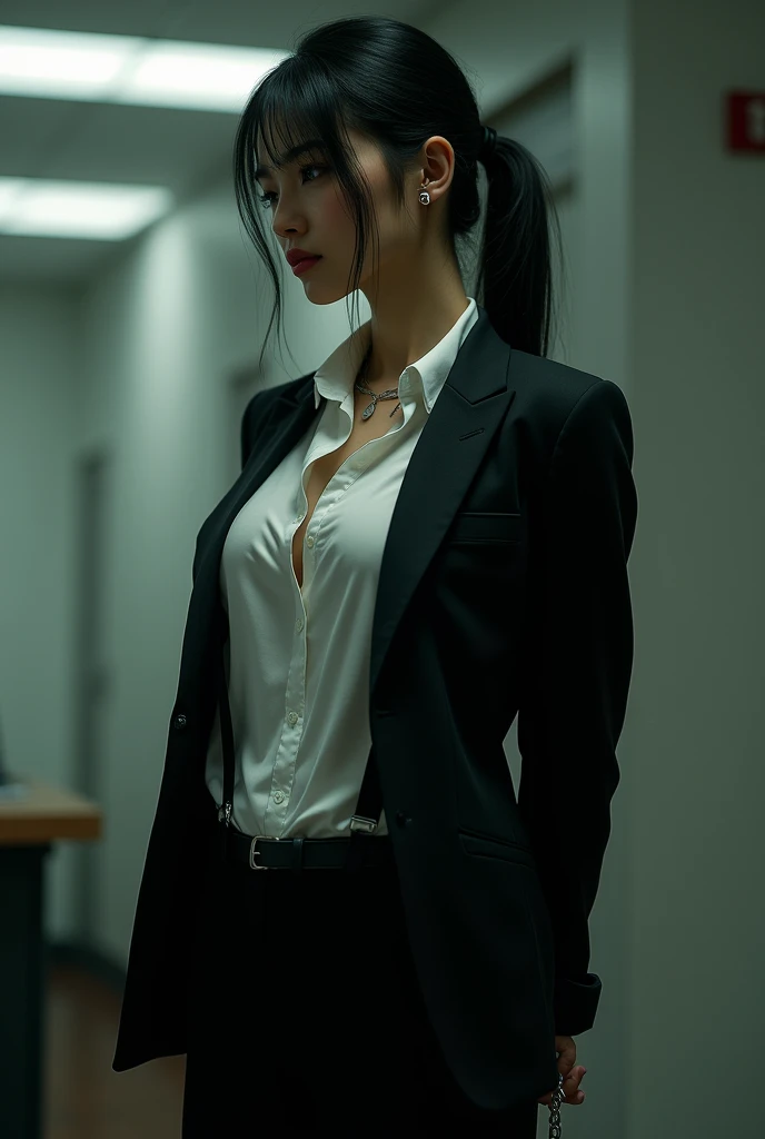 The woman has her hands tied、put your hands behind your back、(((I clasped my hands behind my back)))、a woman in a suit, belt, hands behind back, sweating, suspenders, black pants, sexly, large breasts, see-through clothing,, detective, office worker, white button-up shirt, (best quality,4K,8k,highres,masterpiece:1.2),ultra-detailed,(realistic,photorealistic,photo-realistic:1.37),hyper-detailed,highly detailed face and body, Slender thin suspenders Moderate breasts See-through shirt Nipples holster chain Pistol Armament criminal Female criminal knife japanese profile Japanese women arrested handcuff Cable tie on thumb Constraints