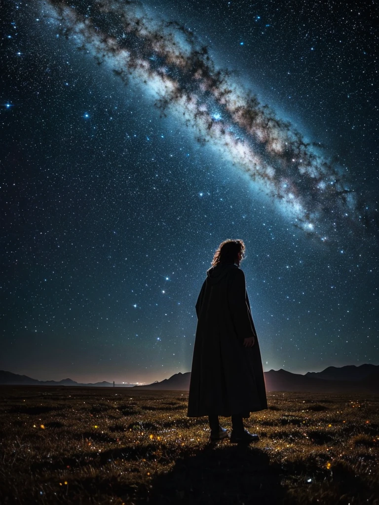 In the vast starry sky,There exists a mysterious being surrounded by countless stars,His shadow is deeper than the most distant galaxy,Brighter than the brightest galaxy。He stands at the center of the universe,Like the guardian of time and space,Every star rotates under his gaze,Every starlight twinkles in his breath。
His eyes,Like the two oldest stars,Contains the light from the birth of the universe,Insight into the mysteries of all galaxies。his long hair,It is a gathering of cosmic dust,Dancing with the wind,Bringing the stars flowing,Breathtakingly beautiful。His robe,Interweaving of light and shadow,Every wrinkle records the changes of the universe,Every flutter seems to tell the story of the universe。
Around him,Nebula rolling,It's like his breathing,Every breath gives birth to a new galaxy,Every heartbeat shakes the whole universe。His presence,Make the black hole give way,Distort time and space,He is the most untouchable being in the universe.,It is also the most unfathomable mystery。
In front of this being,All the stars seem small,All the lights are dimmed。He is,Also the destroyer,The starting point of the universe,It's also the end of the universe。Every action he takes,They all touch the pulse of the universe,Every thought of his,Affects the future of the universe。
However,He is also ,Stand on top of the universe,Overlooking everything,There is endless wisdom in his eyes,There is also endless loneliness。He is the most mysterious being in the starry sky,The guardian of the universe,It is also a mystery of the universe。