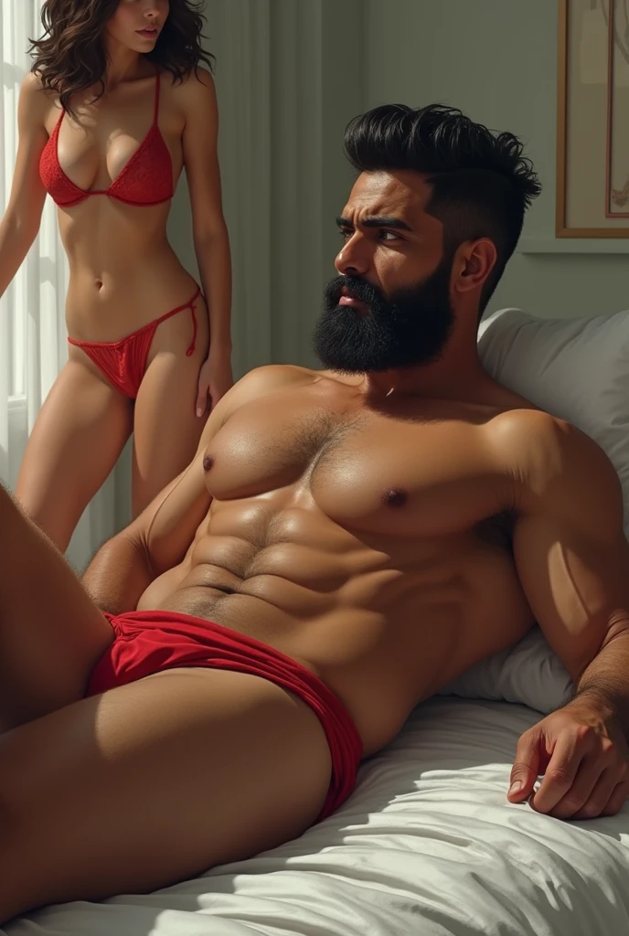 A realistic illustration of indian Hunk man with beard wearing red thong lying on bed in the room with big on a girl in bikini