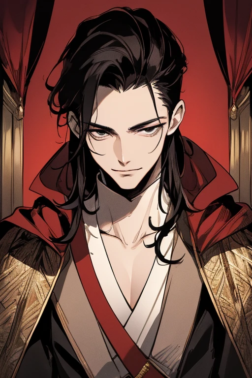 masterpiece, Highest quality, Very detailed, 16K, Ultra-high resolution, Perfect Fingers, Detailed face, One man, black eye, Black Hair, smile, Red Cape, Luxurious clothes, crown, royal palace, Sitting on the throne