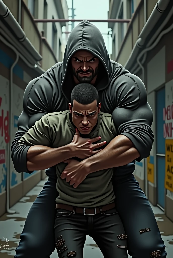 Create an image, on which a muscular man, who wears a thick hoodie, takes a thin man in a chokehold