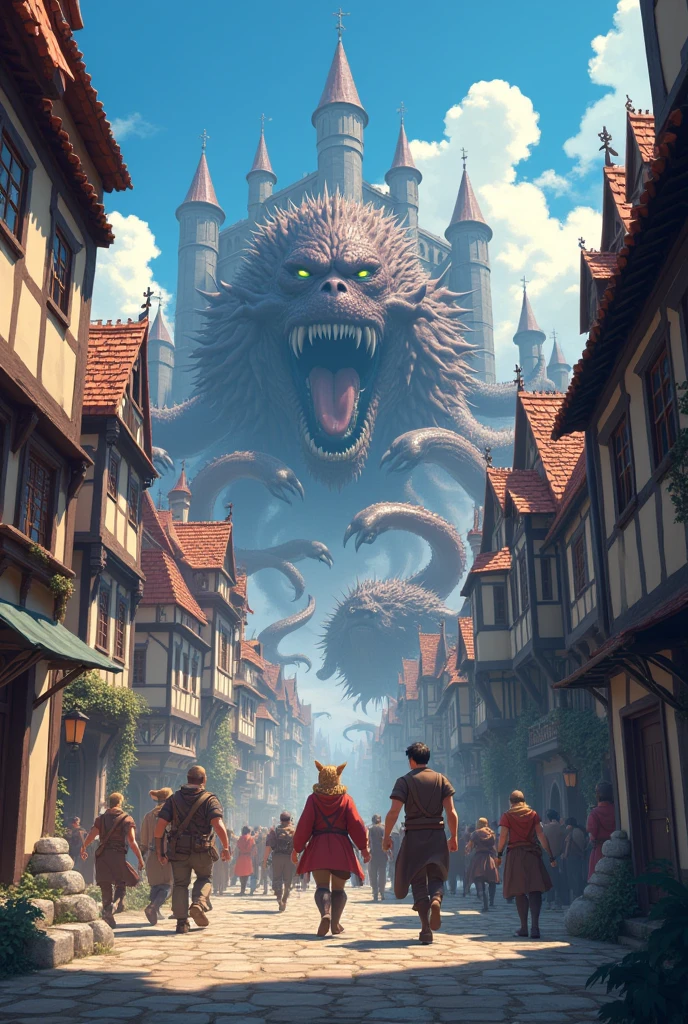 Background anime medieval fantasy city attacked by monsters in large numbers people panic animated 