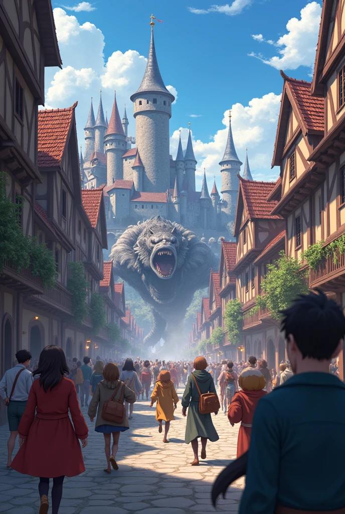 Background anime medieval fantasy city attacked by monsters in large numbers people panic animated