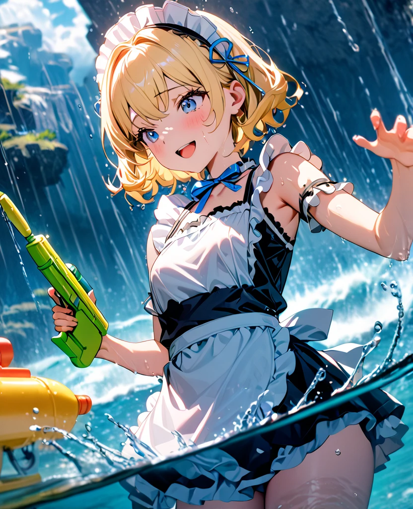 (8k, super high quality, masterpiece), (detailed), One Woman, Small breasts, blonde, cute, A little longer, Blue ribbon, Apron dress, black and white maid outfit, Fantasy, Beautiful background, Ocean, heavy rain, typhoon, soaked, splash, Water droplets all over the body, Submersion, Water Play, Water splashing, Water gun, Date, Childlike, The best smile, Mouth is open, Embarrassing, 