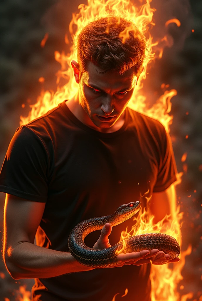Snake in hand and fire on human body black t shirt red eyes face musk