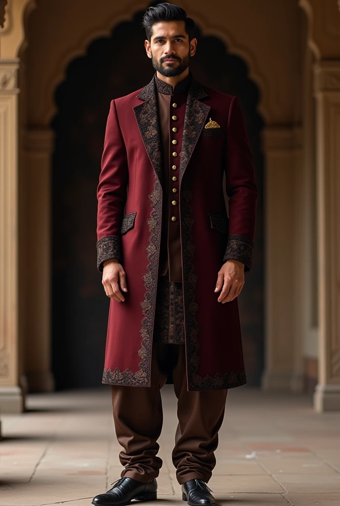 Make an indian muslim groom outfit with colors black, coffee brown, deep maroon. Make it royal, elegant and minimalistic