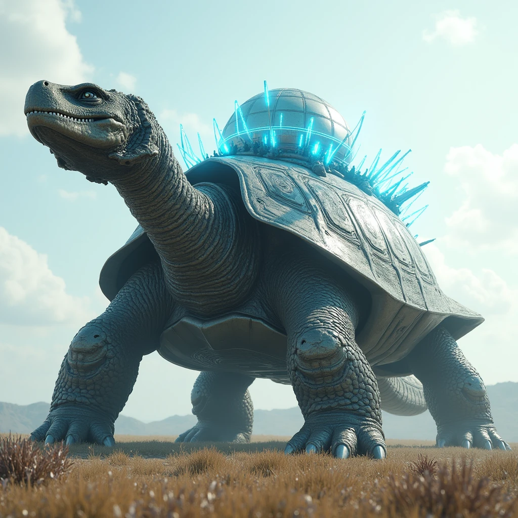 A giant dragon-like turtle, 3D Rendering, Ultra-fine detail, high quality, High resolution, 最high quality,Large photochemical barrier,A spherical barrier that covers the entire body of the turtle,AT Field,Electromagnetic Barrier,Blue Barrier、Distorting space,Geometric Shield,(A barrier that covers the entire turtle 3),Military base on the back