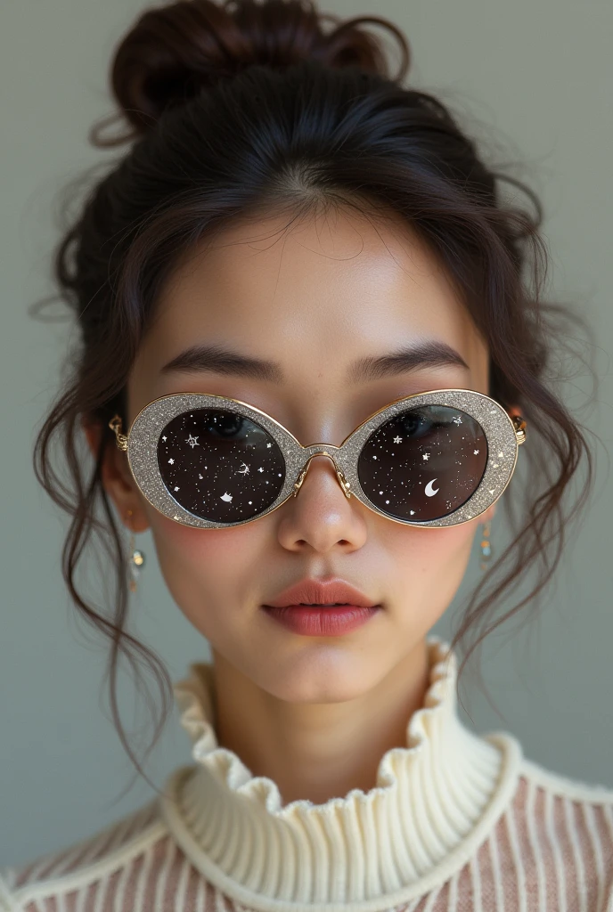 The model is wearing glass sunglasses with stars and the moon on the glass