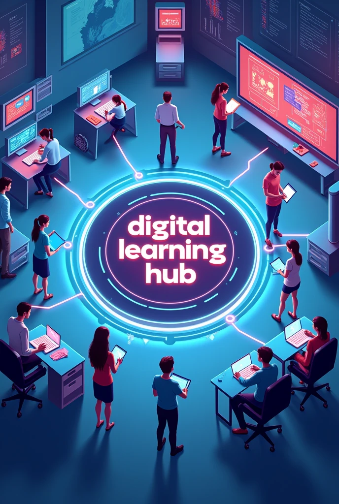 **Drawing Idea: Digital Learning Hub**
1. **Central Hub**: A circular hub at the center with "Digital Learning Hub" written in the middle. This represents the core of the innovation.
2. **Technology Integration**: Branching out from the hub are several sections:
- **Interactive Whiteboards**: Teachers using interactive whiteboards for dynamic lessons.
- **Tablets and Laptops**: Students working on tablets and laptops, engaged in personal