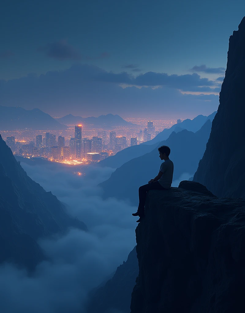 i made a slowed and reverb song can you generate a 3d animated thambnail for it a person sit on a side of mountain and in a background big building city and city glow in a night time