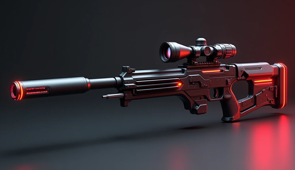 Weapon, A long, sniper rifle with a streamlined design. The barrel is reinforced with heat-dissipating fins, and the scope is equipped with a multi-spectrum targeting system. The magazine has a red stripe, matching the accents along the body. Matte black with red highlights. High Resolution, Accurate, High Quality, Super Detailed, Textured Skin, From Side, Glowing Light, 3D Rendering, Futurism, Realism, Ray Tracing,