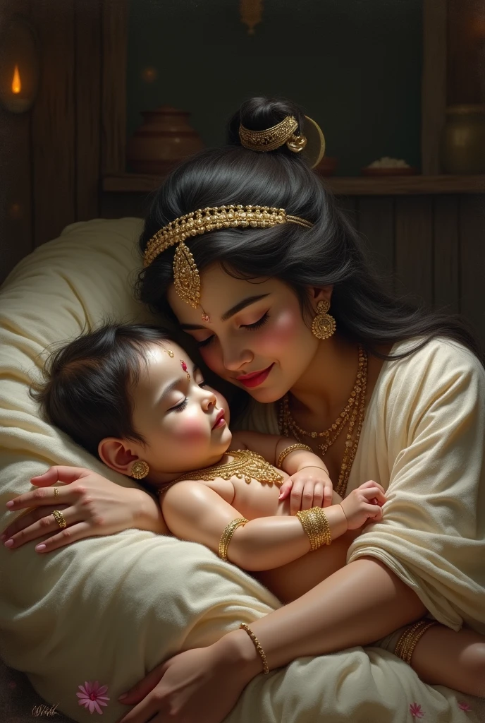 Lord little krishna with mother yasumati sleeping krishna