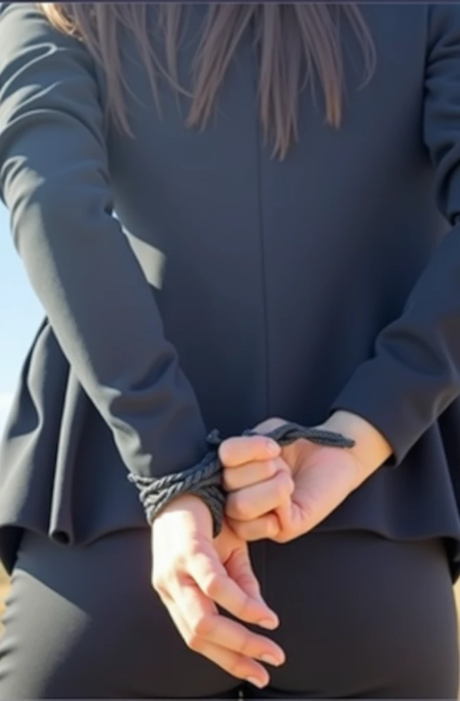 The woman has her hands tied、put your hands behind your back、(((I clasped my hands behind my back)))、a woman in a suit, belt, hands behind back, sweating, suspenders, black pants, sexly, large breasts, see-through clothing,, detective, office worker, white button-up shirt, (best quality,4K,8k,highres,masterpiece:1.2),ultra-detailed,(realistic,photorealistic,photo-realistic:1.37),hyper-detailed,highly detailed face and body, Slender　thin　suspenders　Moderate breasts　See-through shirt　Nipples　holster　chain　Pistol　Armament　criminal　Female criminal　knife　japanese　profile　Japanese women　arrested handcuff　Cable tie on thumb　Constraints
