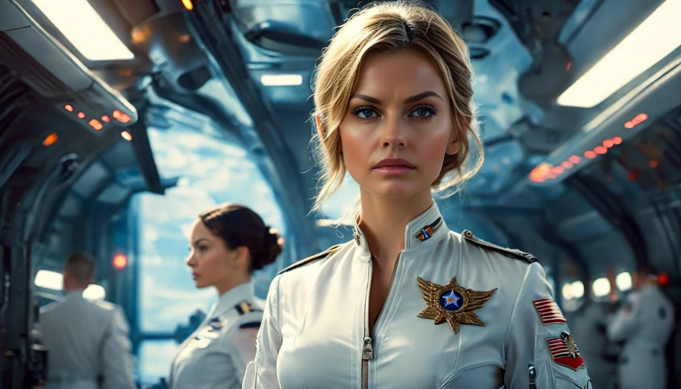 Movie Cover Image,Like a Real Person,Polite Dress,War War Fighter Action Cover Image),(Movie Reference Foundation : 1.8 ),Realistic,White Air Force General Uniform,(Realistic Face Resolution),Cinematic Poses,Adult,Skinny,Small,1 Woman with Dark Blonde Hair,Serious Face,Science Fiction,Sci-Fi,Different Characters