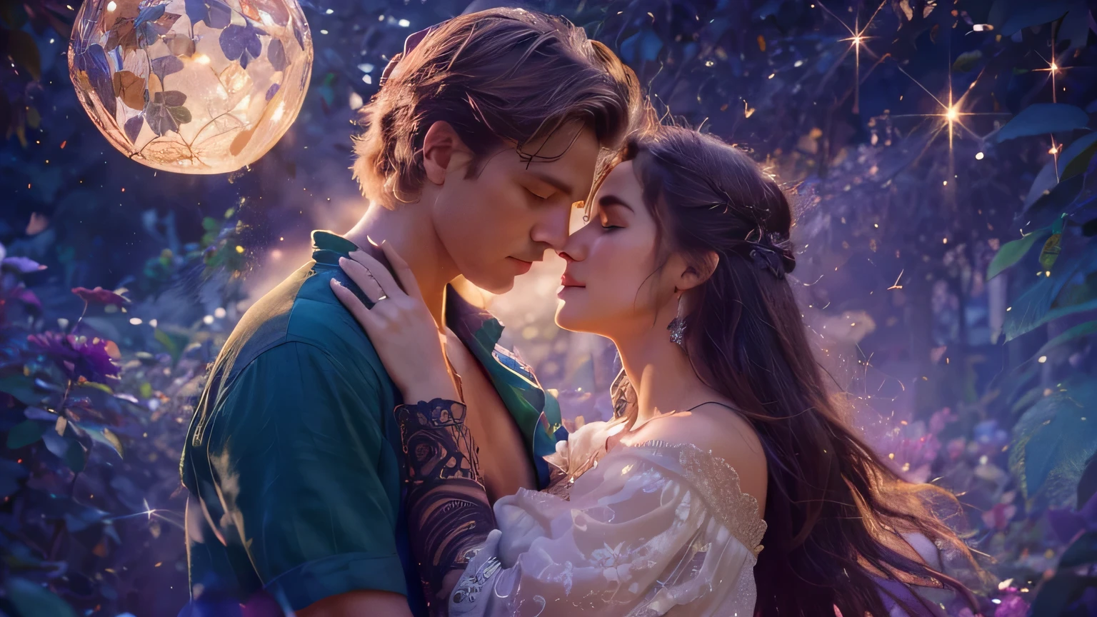 lovely couple, realistic, mystical, detailed face, intricate dress, lush garden background, warm lighting, cinematic composition, photorealistic, 8k, masterpiece, high quality, vibrant colors, dramatic lighting, romantic atmosphere