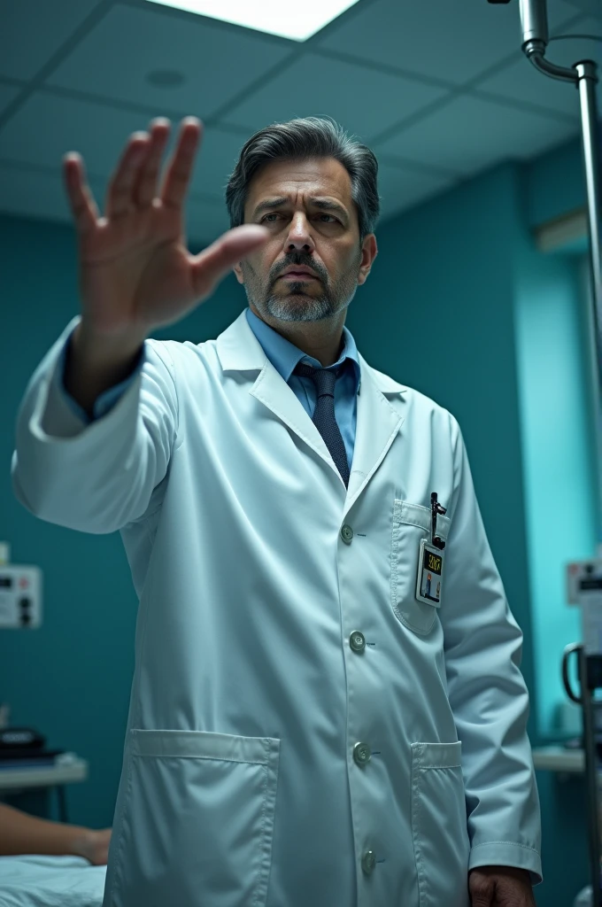 **Panel Description:** Close-up shot from a low angle: Doc Sheddon, in a lab coat, raises his hand to demonstrate the shooting angle and the victim's likely position.
**Location:** Autopsy room, Forensic Center.
**Character:** Doc Sheddon.
**Camera Shot:** Close-up.