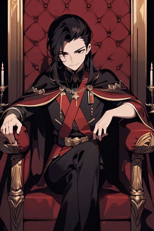 masterpiece, Highest quality, Very detailed, 16K, Ultra-high resolution, Perfect Fingers, Detailed face, One man, black eye, Black Hair, smile, Red Cape, Luxurious clothes, crown, royal palace, Sitting on the throne