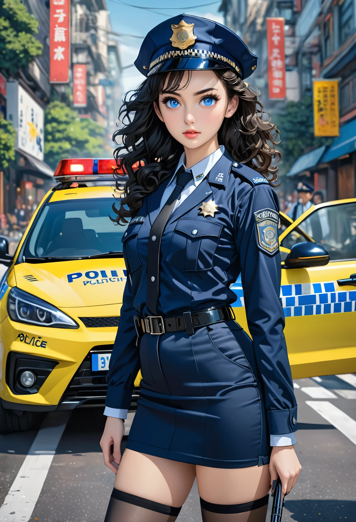 (masterpiece), best quality, expressive eyes, perfect face, policewoman, long hair, blue eyes, black hair, bare hips, medium breasts, parted bangs, short_pencil_skirt, knees,  thighhighs, ((hyper detailed)), ((cowboy shot)), standing, 4k, detailed background, street, ((face focus)), (solo), (curly hair), forehead, police cap, police car, outdoors, arm at hip