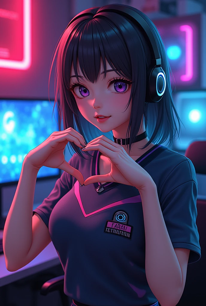 (anime photo) (cyberpunk style) (for gamers) beautiful woman wearing gaming jersey, shoulder length hair, smiling, posing with heart finger, colorful RGB PC background, indoors