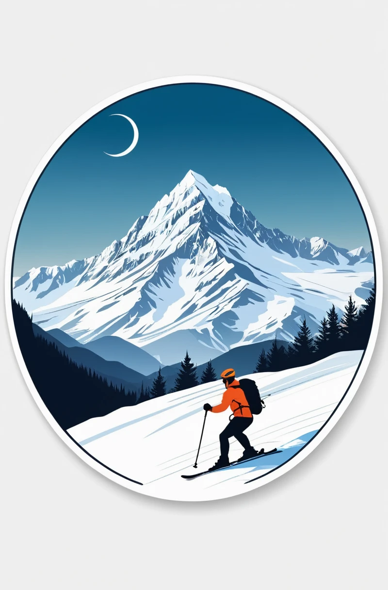 (Sticker),White background,(in circle), winter mountain with sport, ,Simple, Ultra detailed, Detailed drawing, vectorised, Silhouette, 8K, professional sticker design, Flat design, Vector lines, Sticker, Full-HD