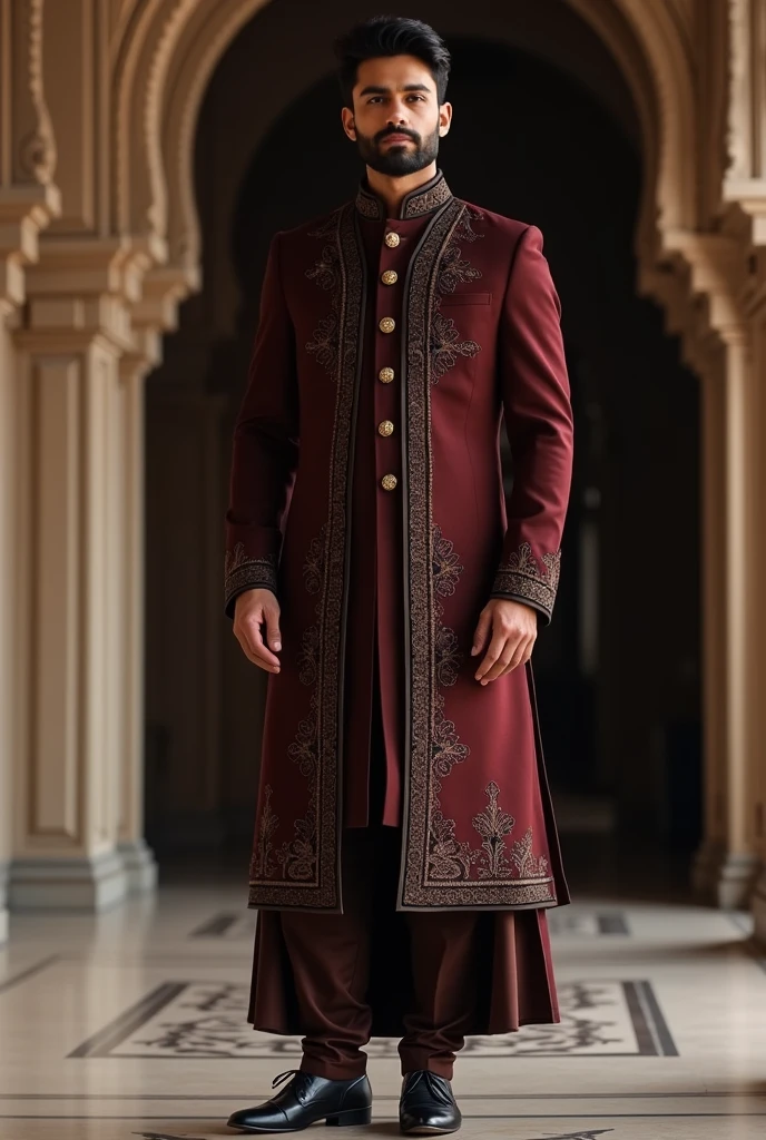 Make an indian muslim groom outfit with colors black, coffee brown, deep maroon. Make it royal, elegant and minimalistic