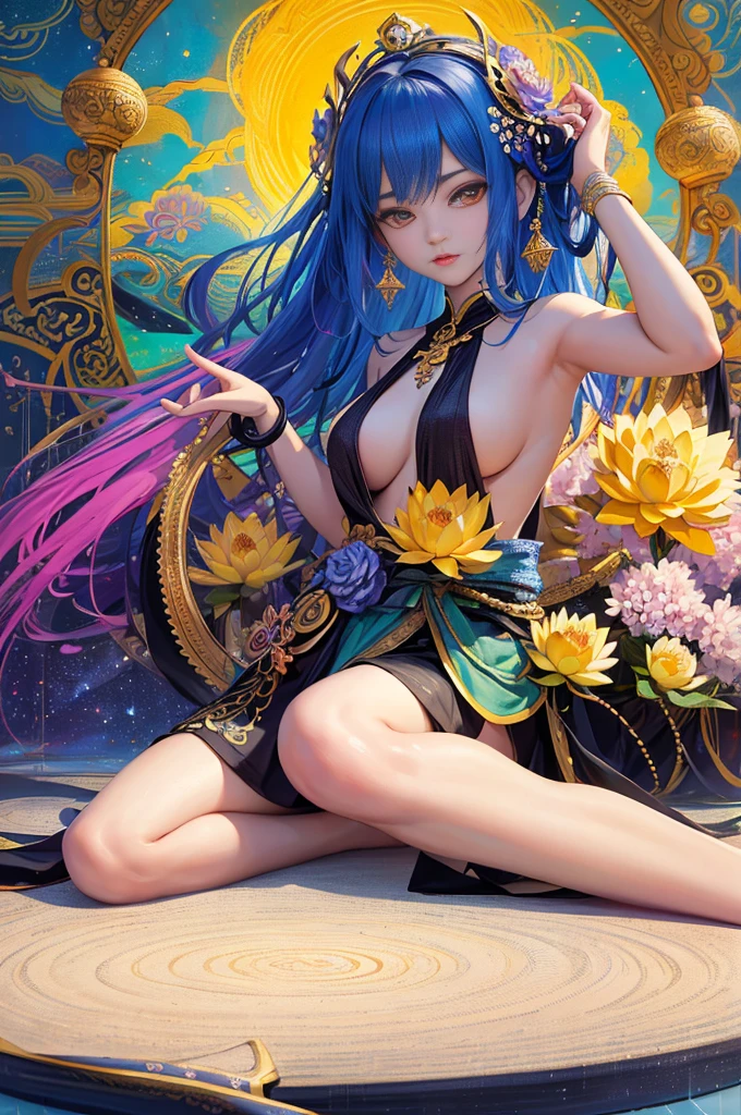 Sexy and very beautiful young woman.
Universe expanding and mysterious colors. Woman doing modern yoga. Dazzling light of chakras. Mandala painting background. Lotus flowers blooming. Divine.
Ultra high resolution, high definition female figure, smoke, sky, colorful and vibrant, mysterious colors, modern impressionism, Transcendent, divine.Beautiful woman wearing a lotus crown、